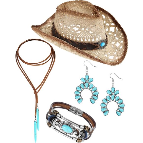 Jewelry - Boho Jewelry Set Turquoise Cowgirl Hat Necklace Earrings Bracelets Gift